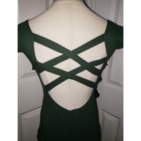Naf Naf Linen Cross Cross Open Back Dark Green Dress Women Petite Size Small - Picture 2 of 5